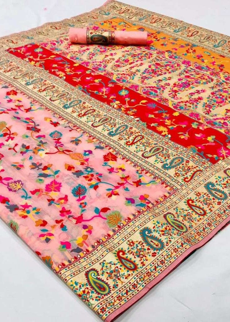 Kashmiri Jamawar Rose Peach Saree with Boota Border