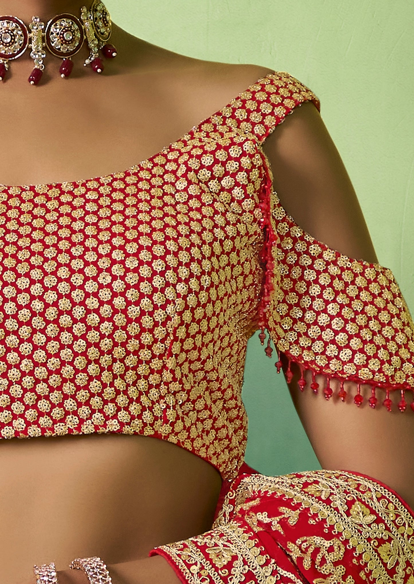 Red golden sequins work semi stitched bridal lehenga choli online usa uk price.