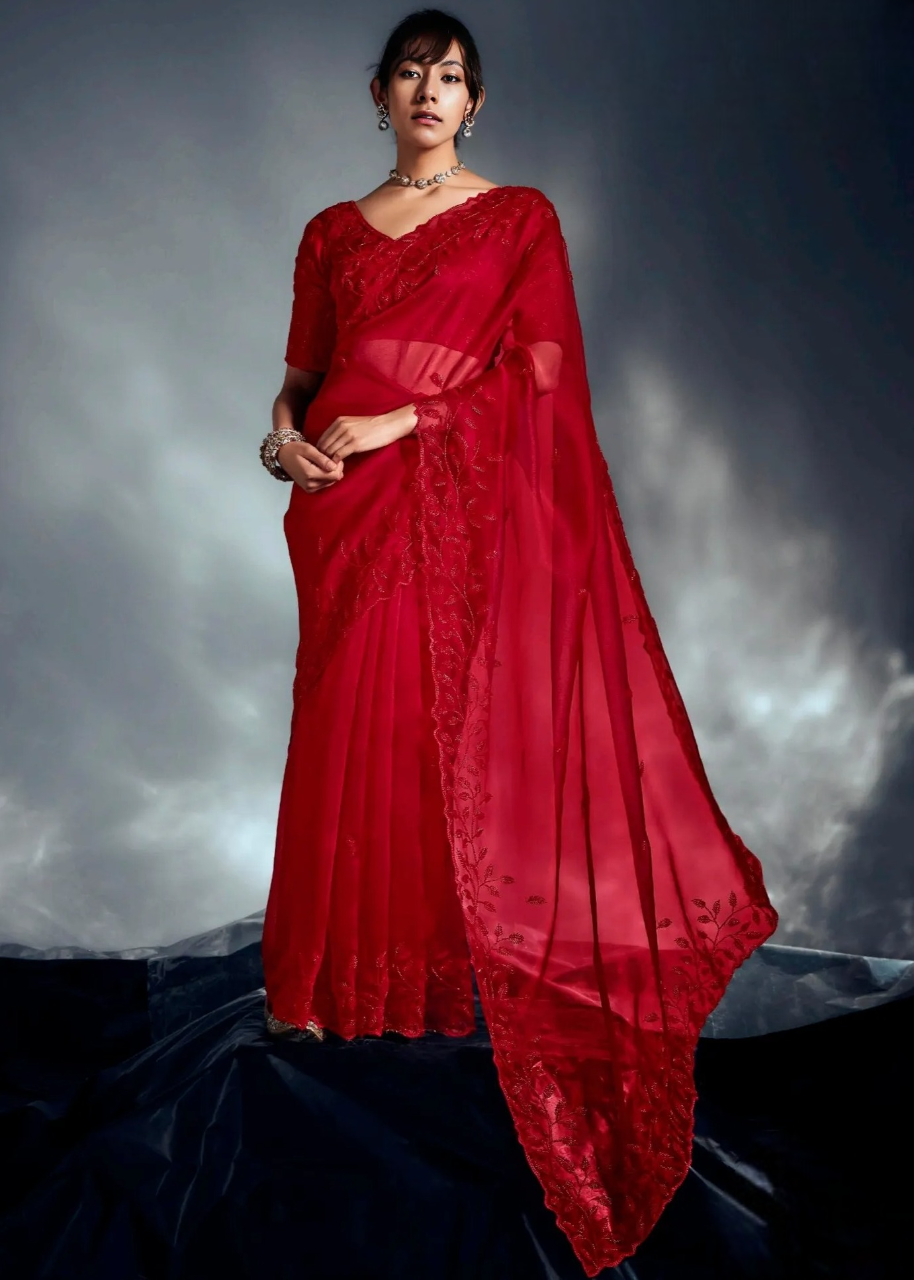Red organza tissue silk hand embroidered bridal saree with bead and sequin work for wedding, festive ocassion and reception.