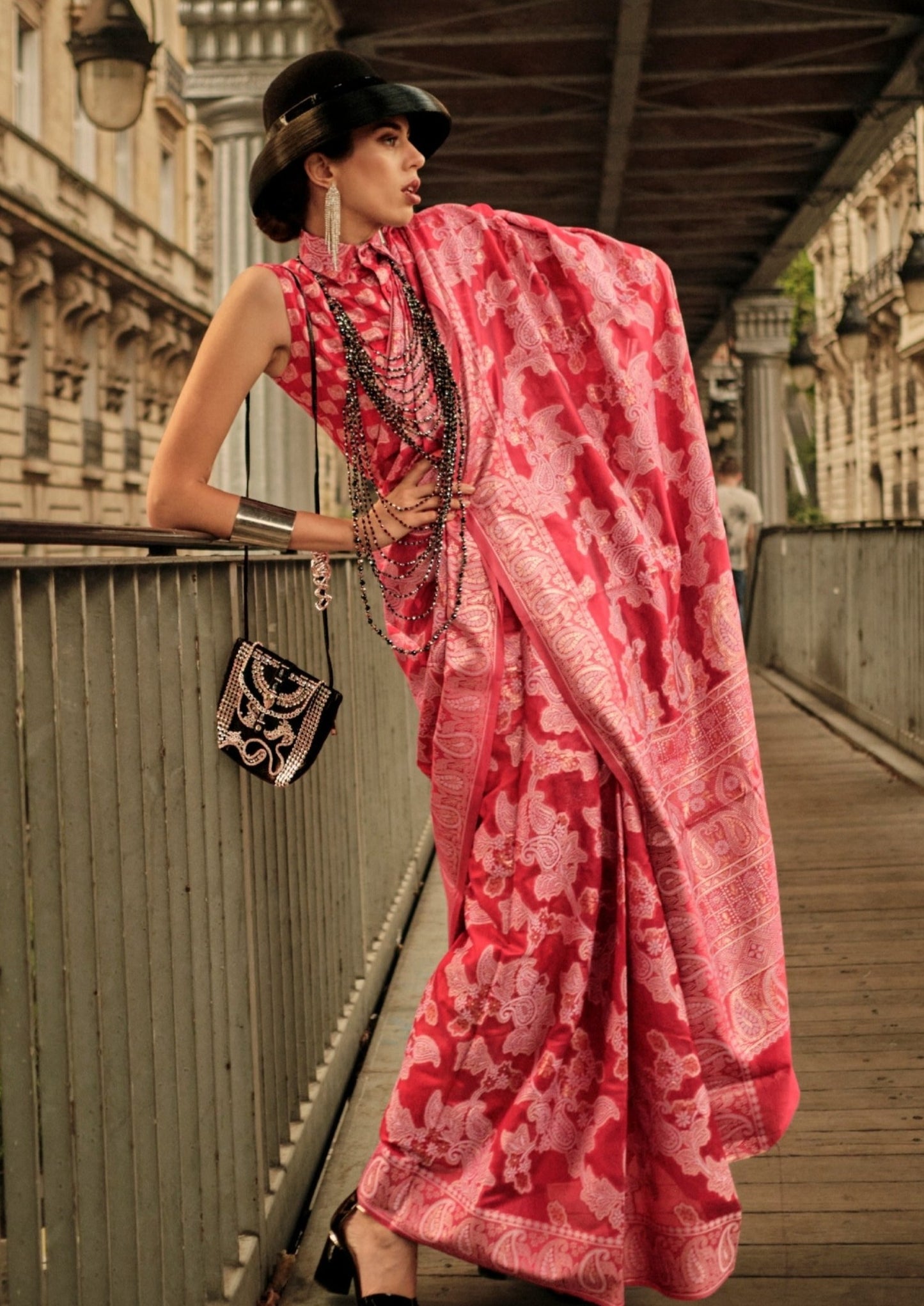 Woman in red color organza lucknowi chikankari saree blouse with zari work.