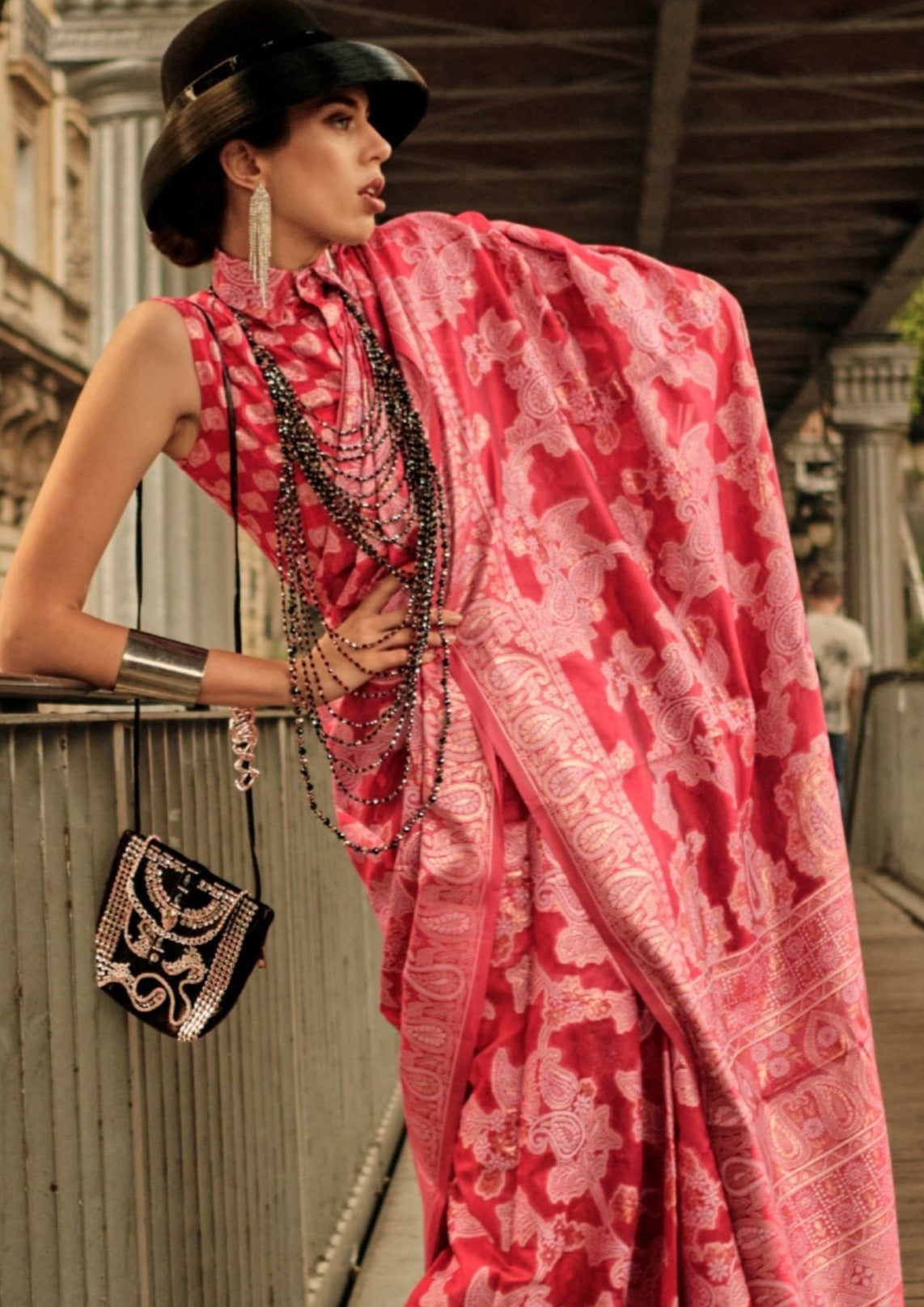 Bride in red organza lucknowi chikankari saree blouse.