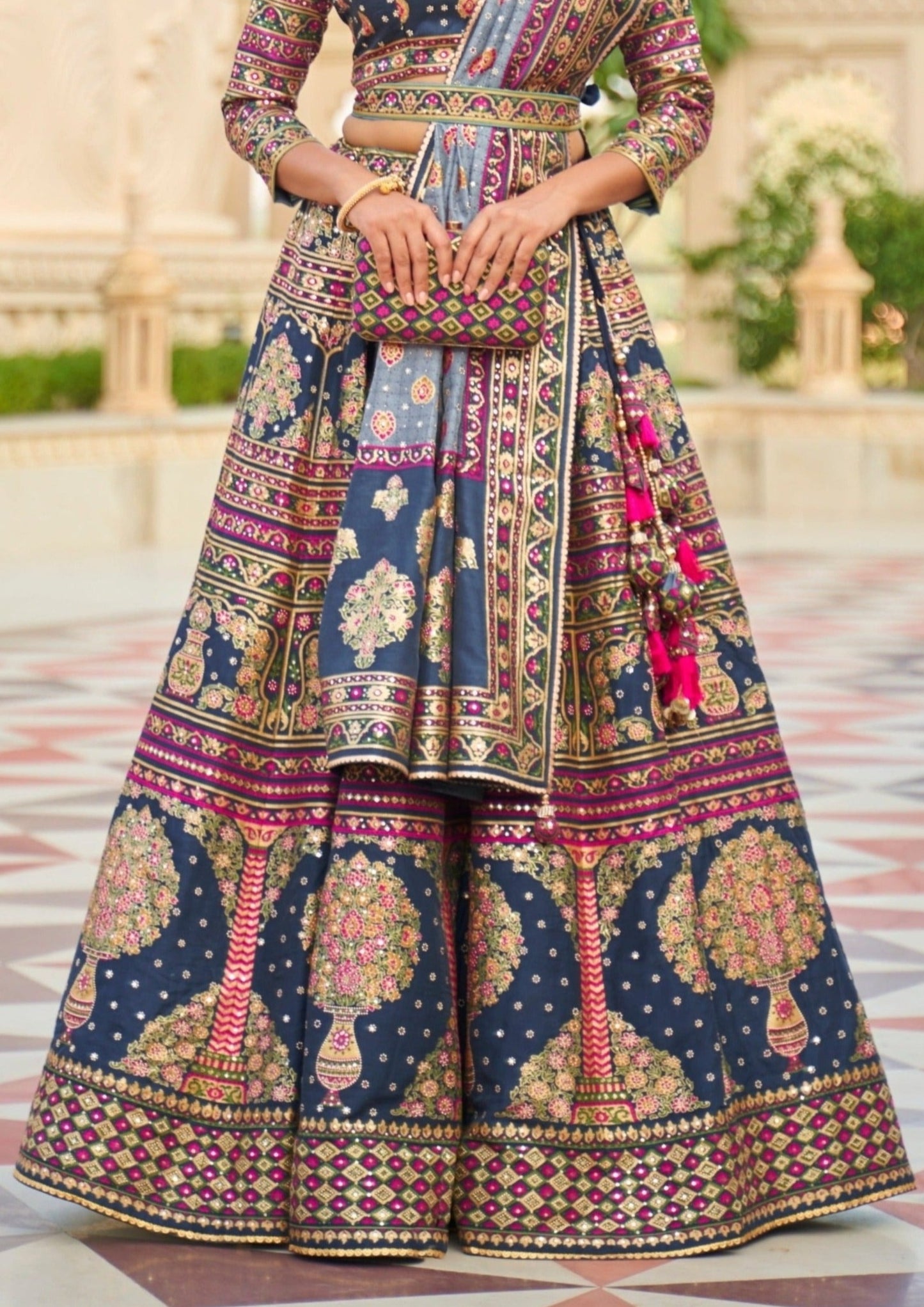 Royal navy blue designer silk bridal lehenga design.