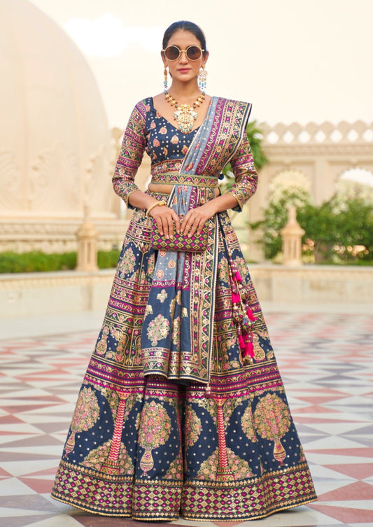 Royal navy blue designer silk bridal lehenga choli.