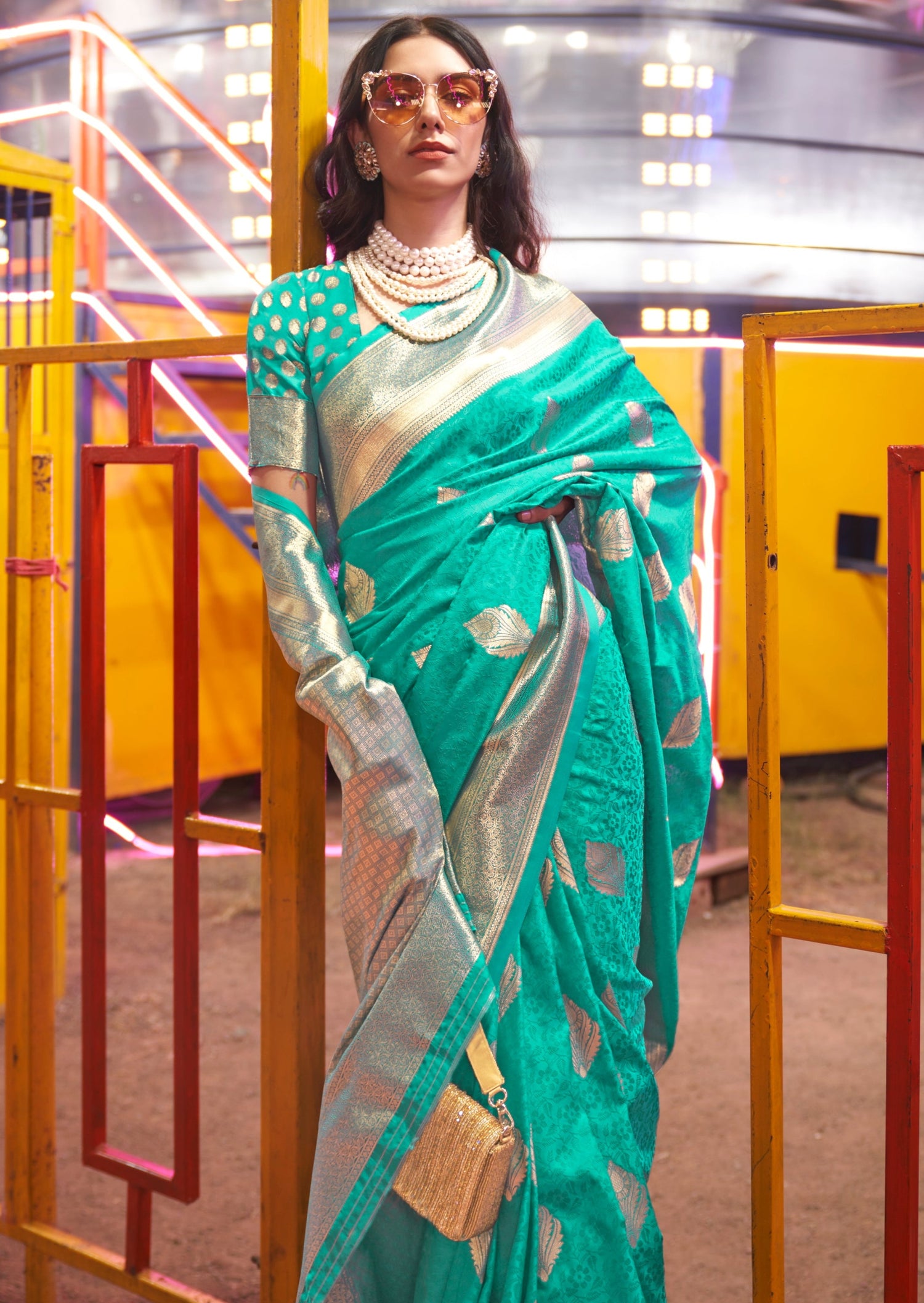Seafoam green banarasi saree online.