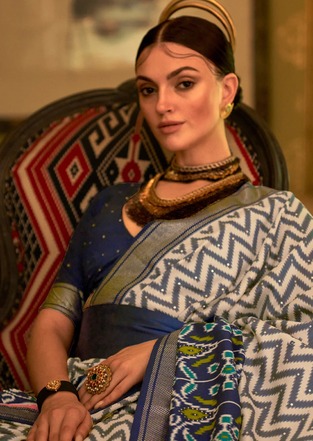 Double ikkat patola silk blue saree online price in india for wedding.