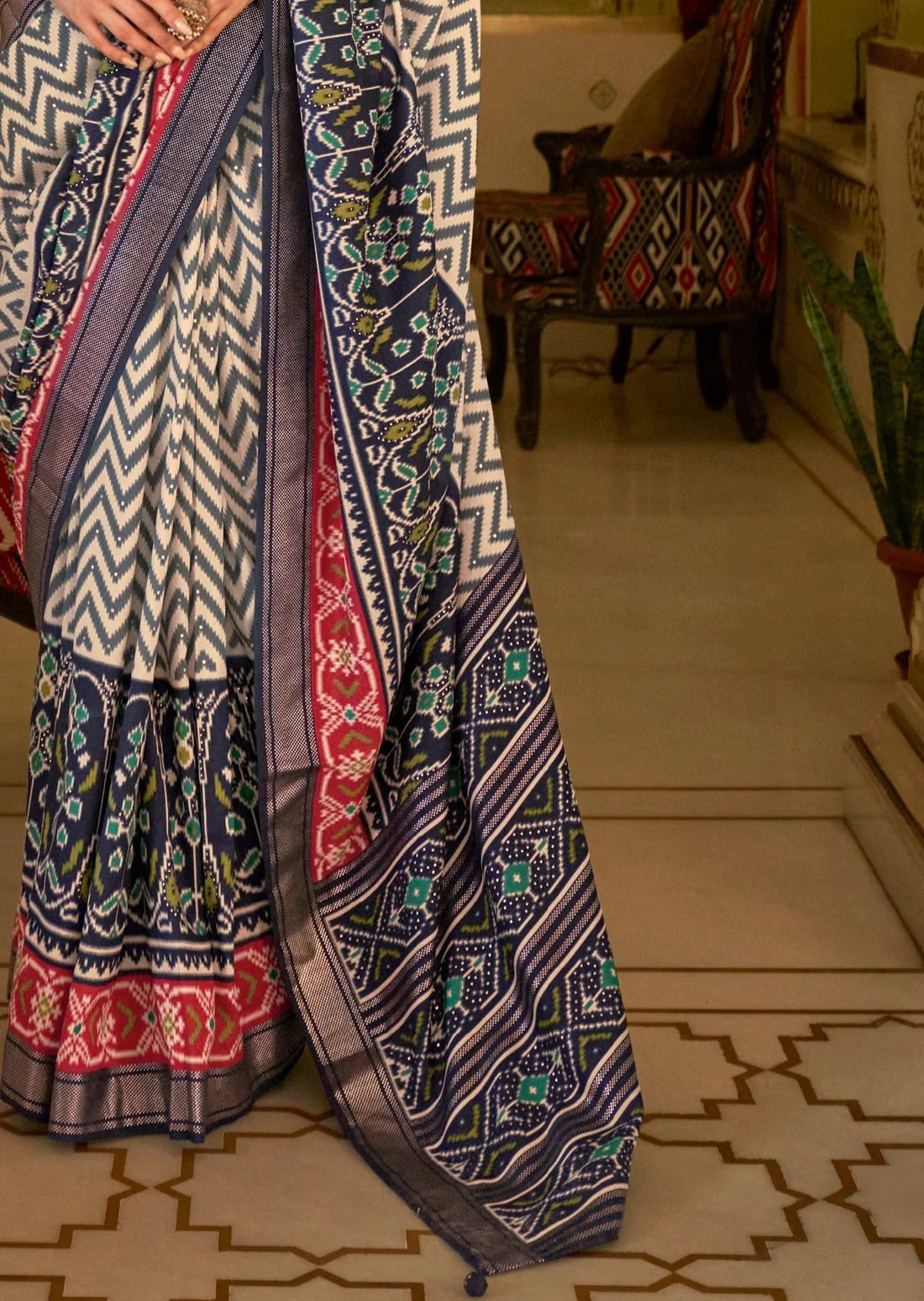 Double ikkat patola silk blue saree online shopping in india for wedding.