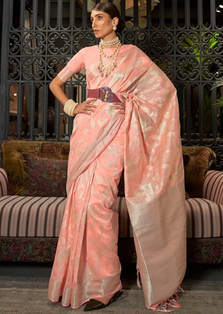 Shop pure handloom weaving peach banarasi silk saree in new york USA for wedding, engagement, festive wear,reception at best price and fast delivery new york USA.