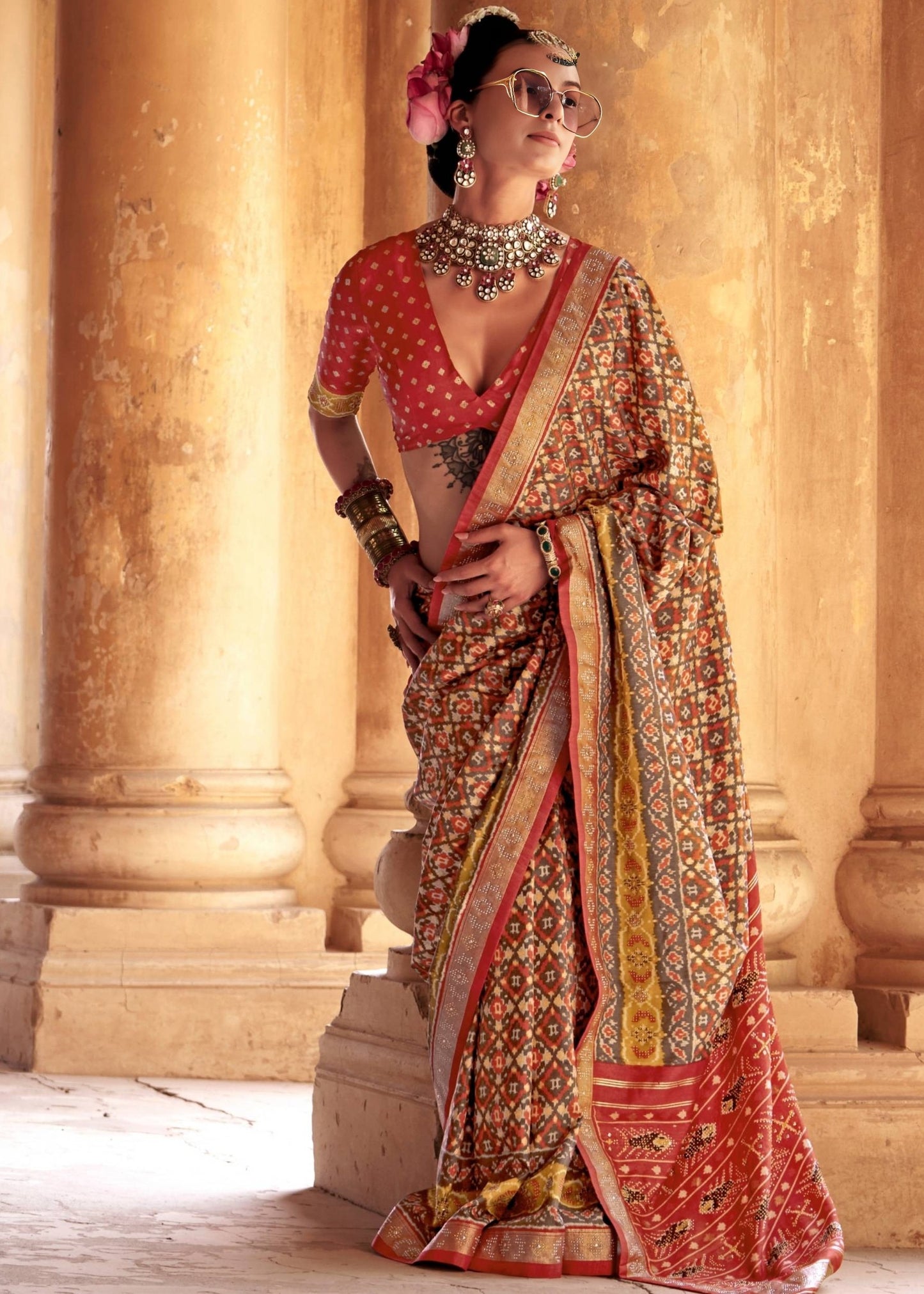 Rust Orange Designer Patola Silk Saree