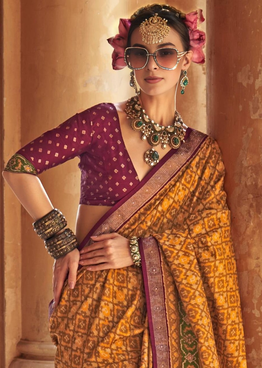 Yellow Designer Patola Silk Saree With Contrast Maroon Blouse
