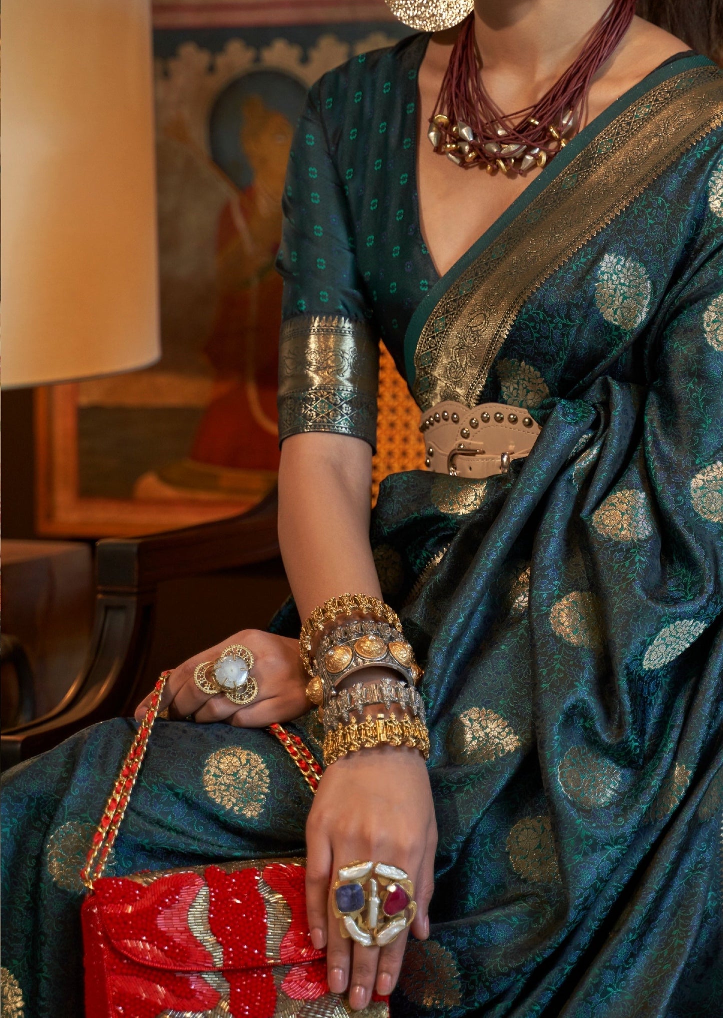 Teal Green banarasi satin silk saree blouse design