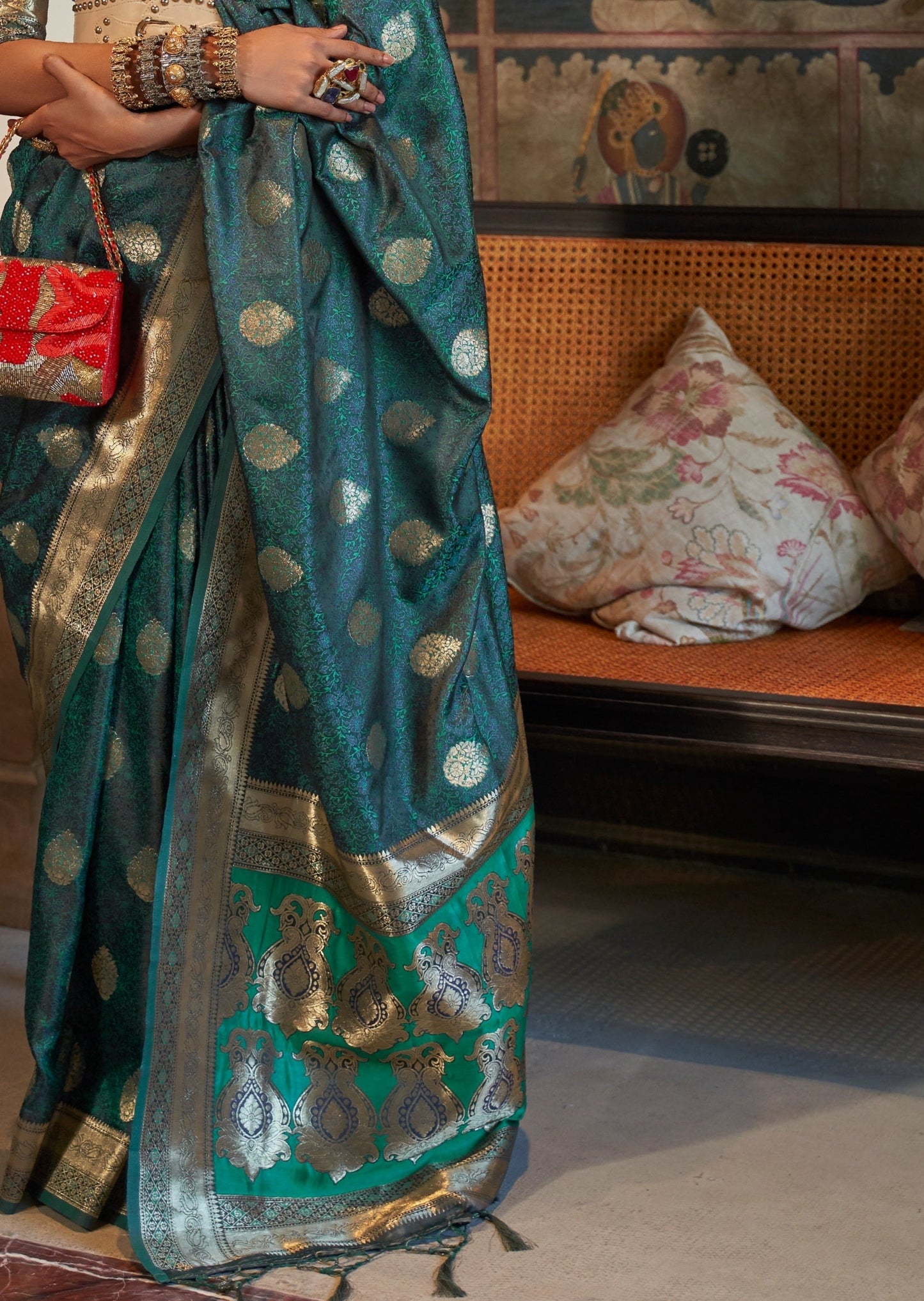 Teal Green banarasi satin silk saree design