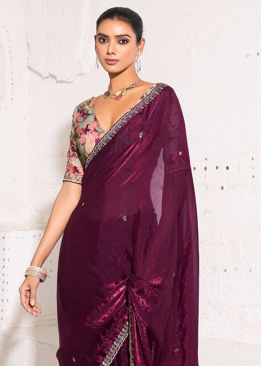 Crushed Tissue Wine Maroon Embroidered Saree & Printed Blouse