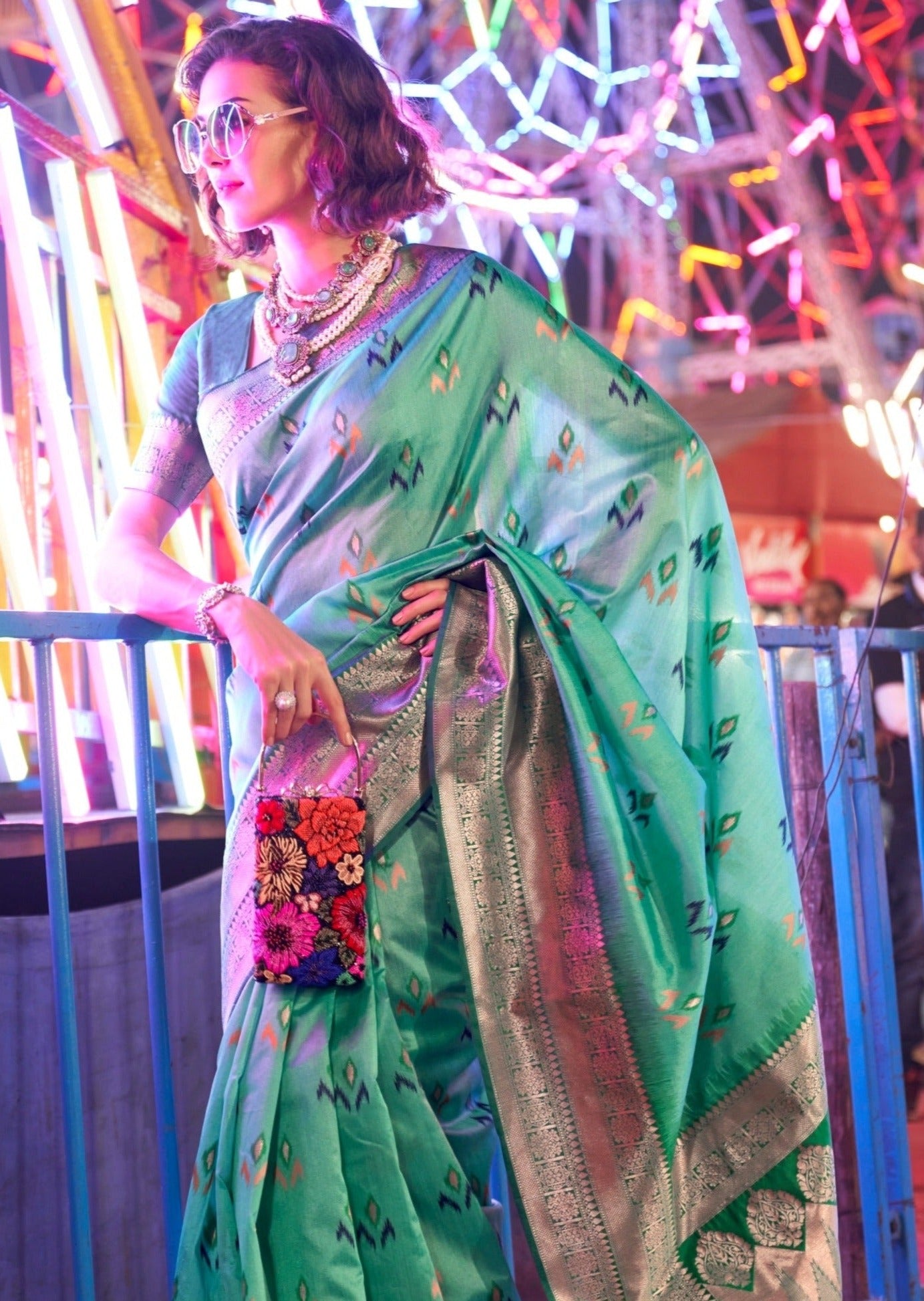 Traditional banarasi cotton silk handloom patola sea green saree online.