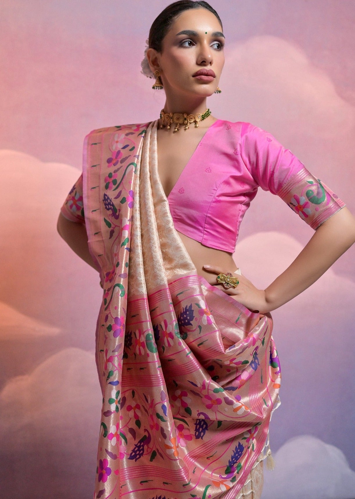 Triple muniya border paithani silk off white handloom saree.