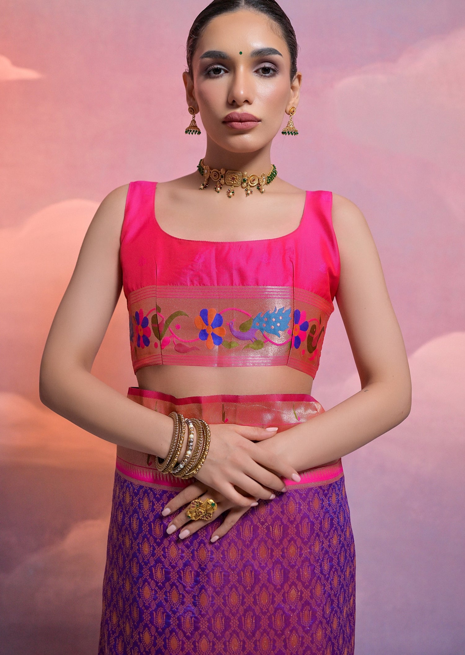 Triple muniya border paithani silk purple handloom saree online for wedding.