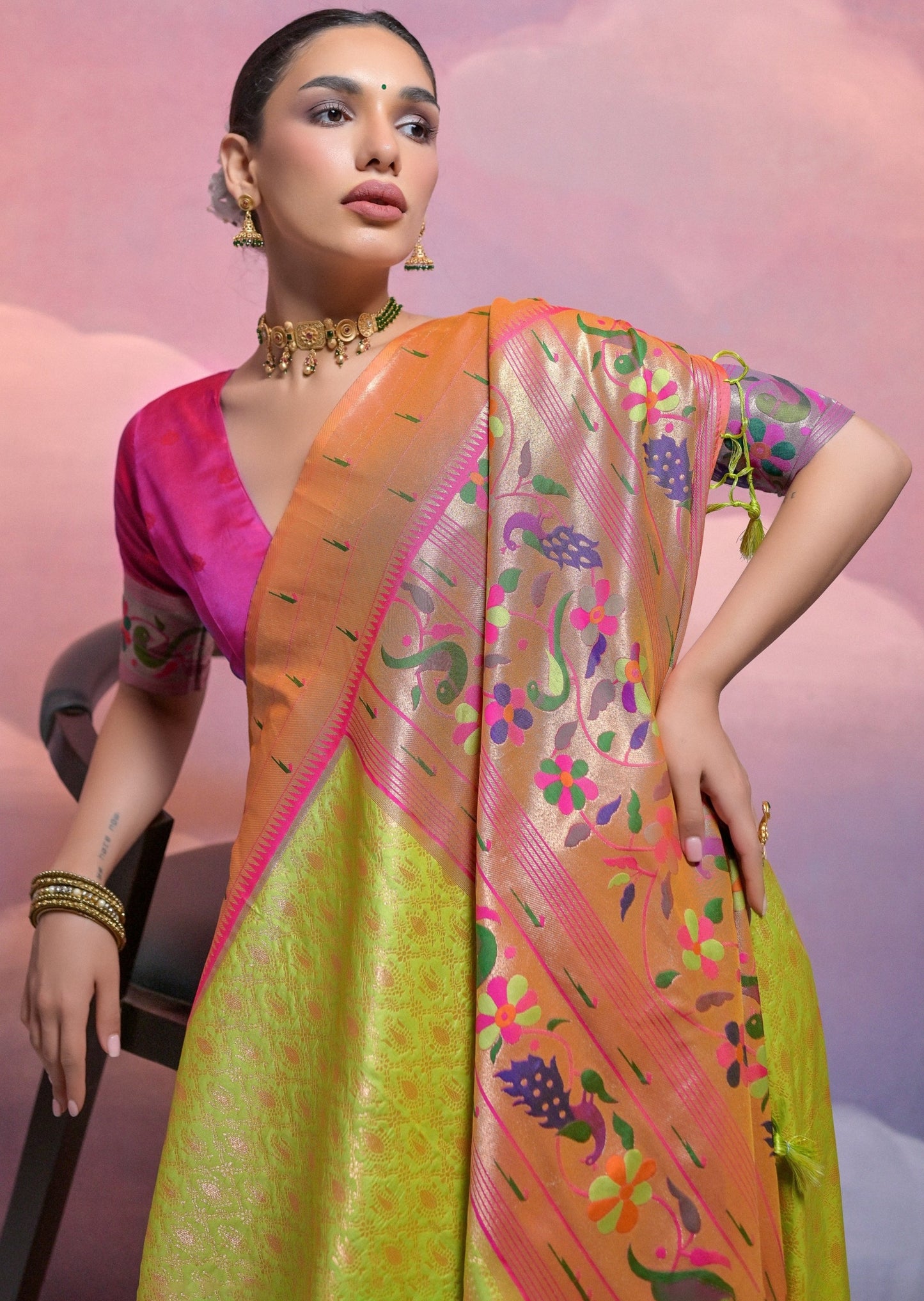 Triple muniya border paithani silk sarees online.