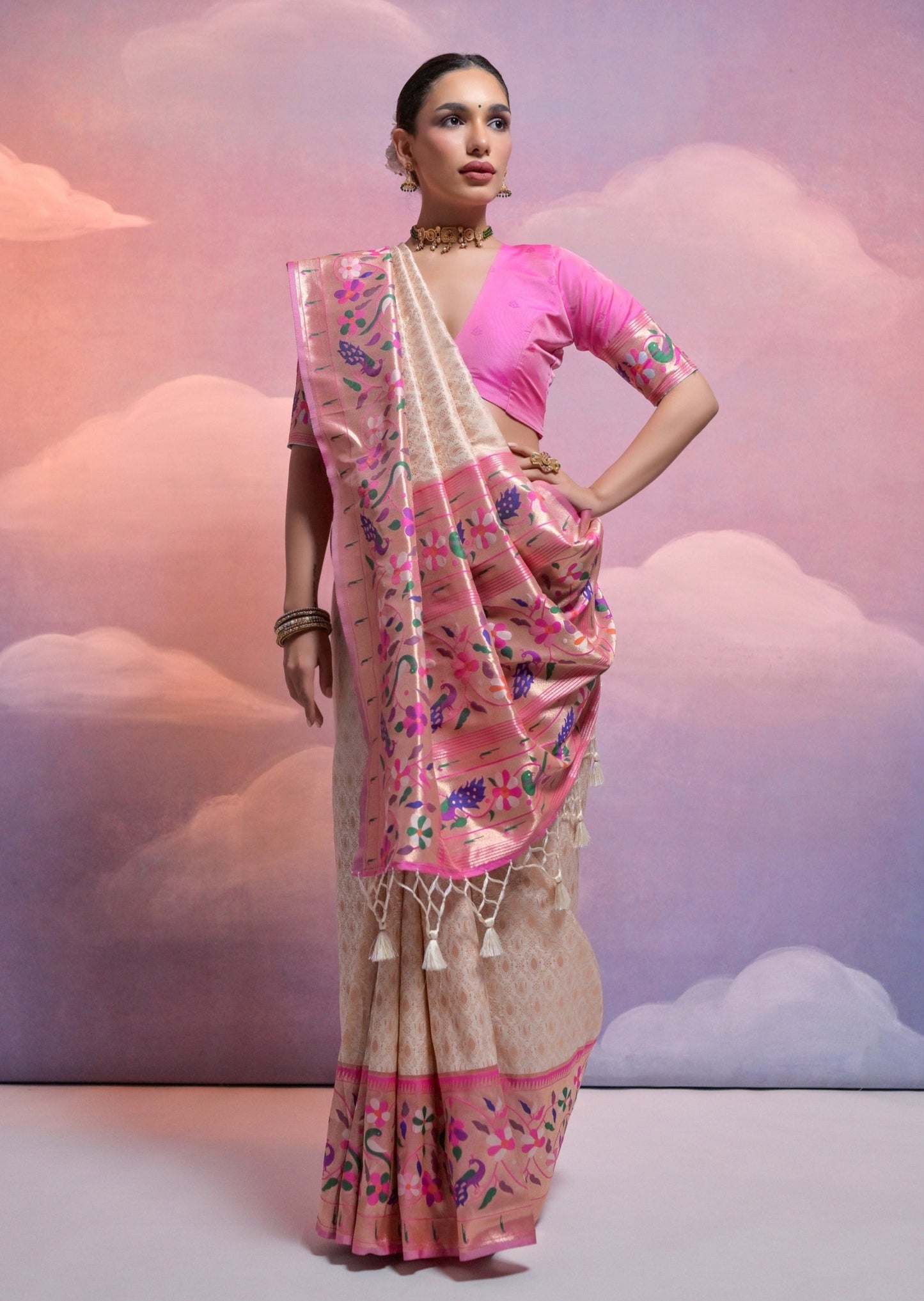 Triple muniya border paithani silk white handloom saree.