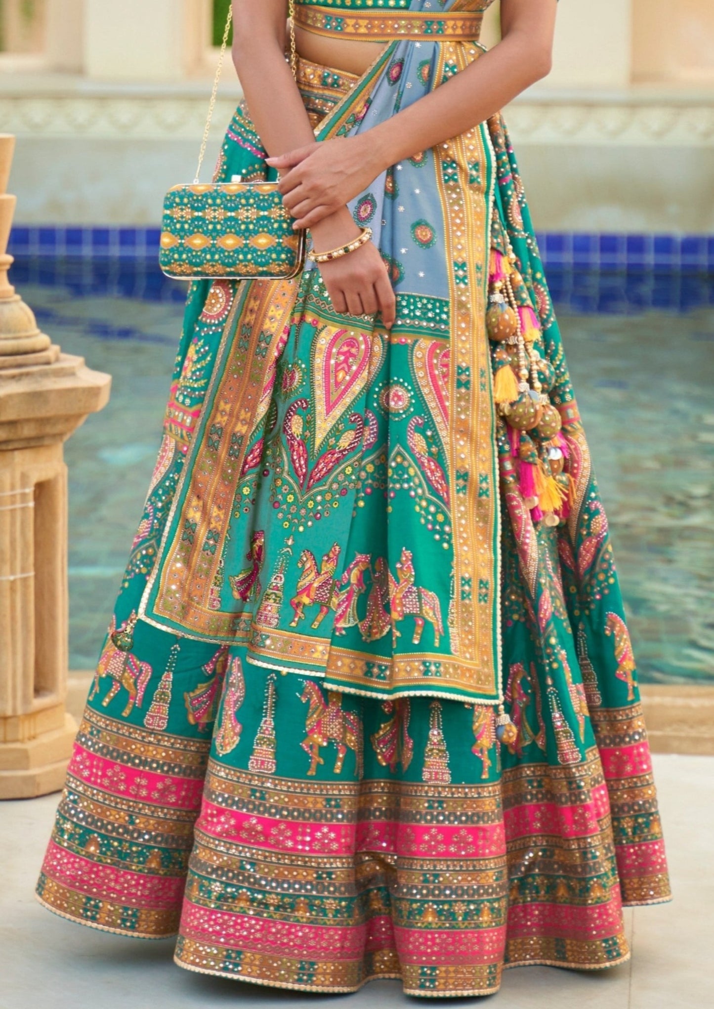 Turquoise Blue Designer Silk Bridal Lehenga Choli