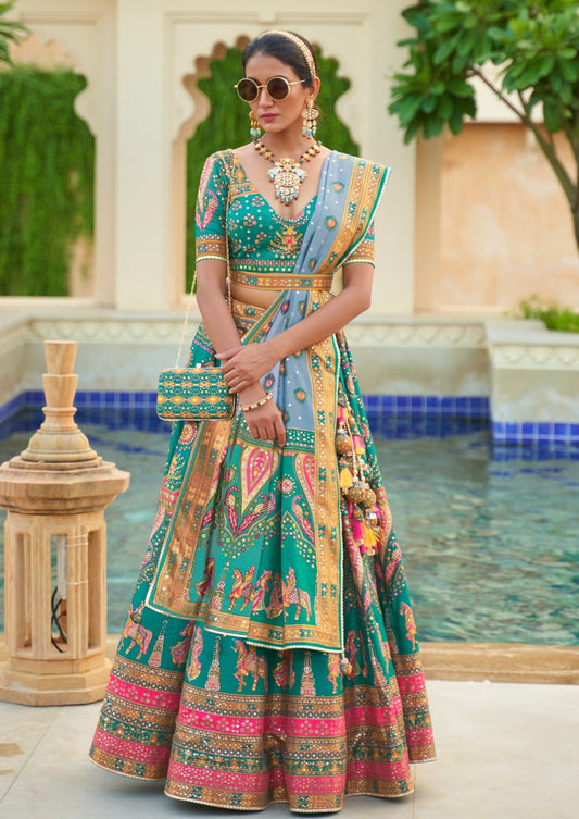 Bride in Turquoise Blue Designer Silk Bridal Lehenga Choli