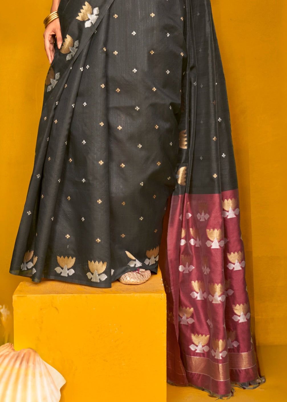 Pure handloom black tussar silk saree online shopping in two tone with maroon red color.