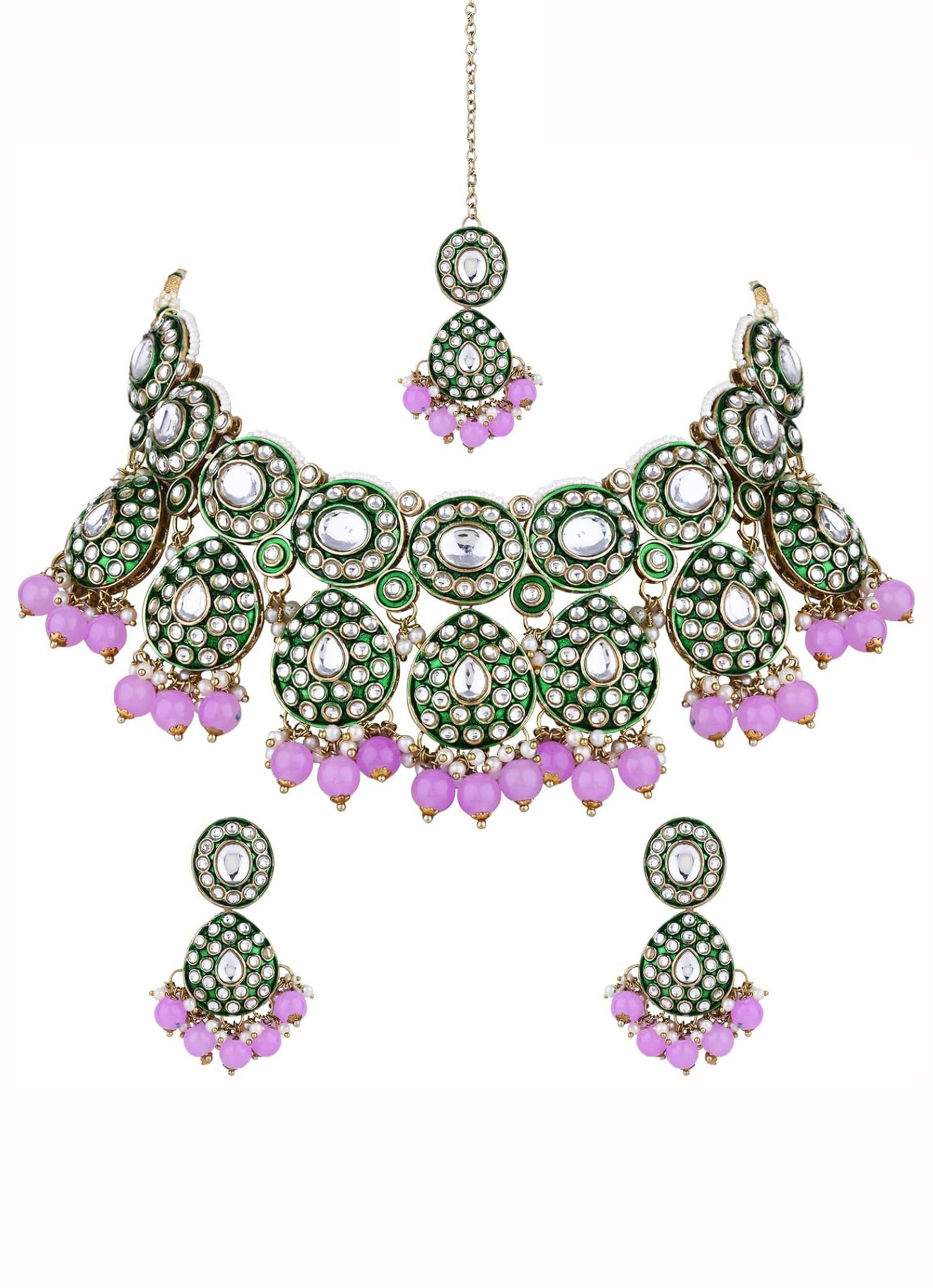 Uncut kundan necklace jewellery set online usa with earrings and maang tikka for indian bride.