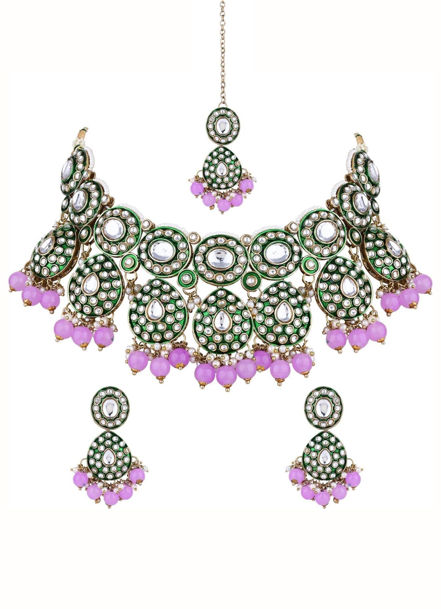 Uncut kundan necklace jewellery set online usa with earrings and maang tikka for indian bride.