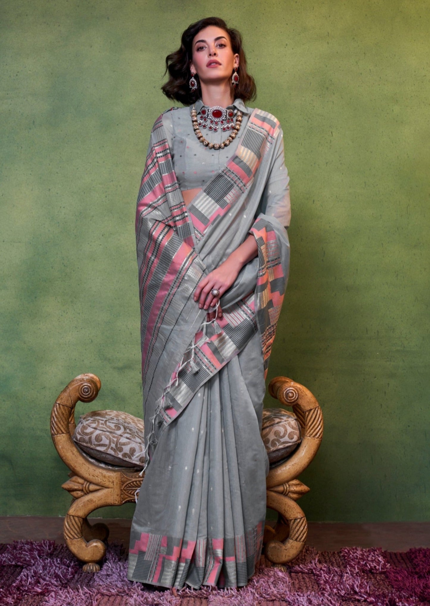 Usa cotton silk saree blouse online shopping designs in grey color.
