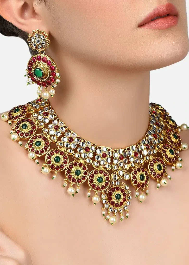 Pink & Green Floral Design Kundan Polki Necklace Set With Earrings