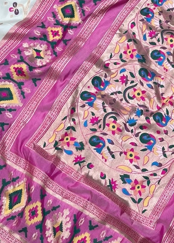 Fusion Banarasi Patola Silk Off White Saree with Paithani Border Pallu