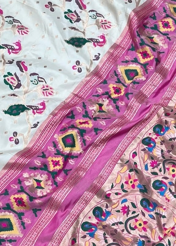 Fusion Banarasi Patola Silk Off White Saree with Paithani Border Pallu