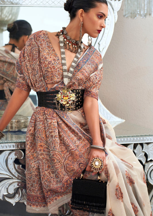 Kashmiri bride in white pure kashmiri silk handloom saree blouse.