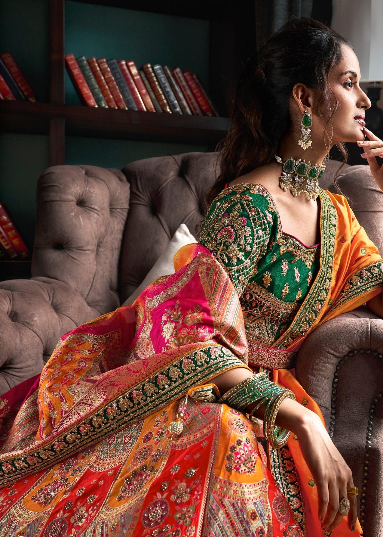 Yellow banarasi silk lehenga choli in usa online with price for bridal wear and haldi ceremony look.