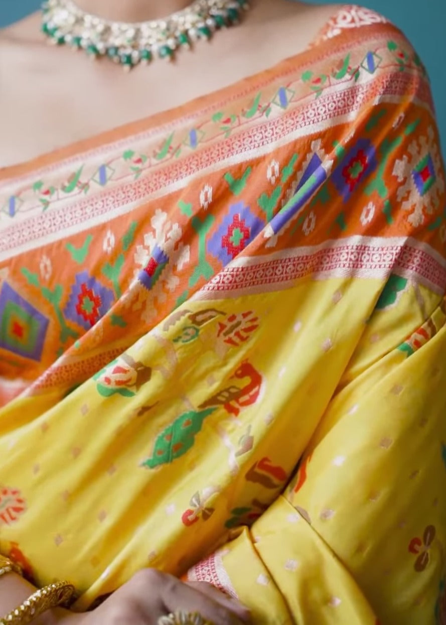 Fusion Banarasi Patola Silk Yellow Saree with Paithani Border Pallu
