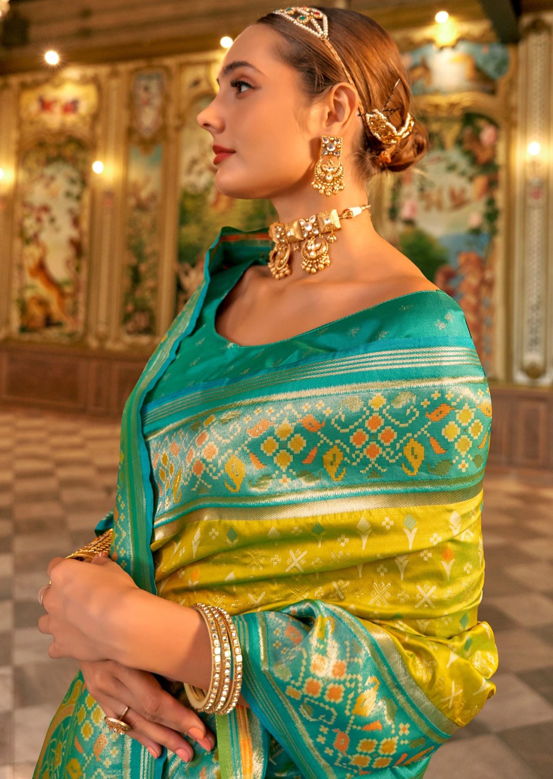 Yellow banarasi patola silk saree in usa uk online shopping with contrast green blouse.