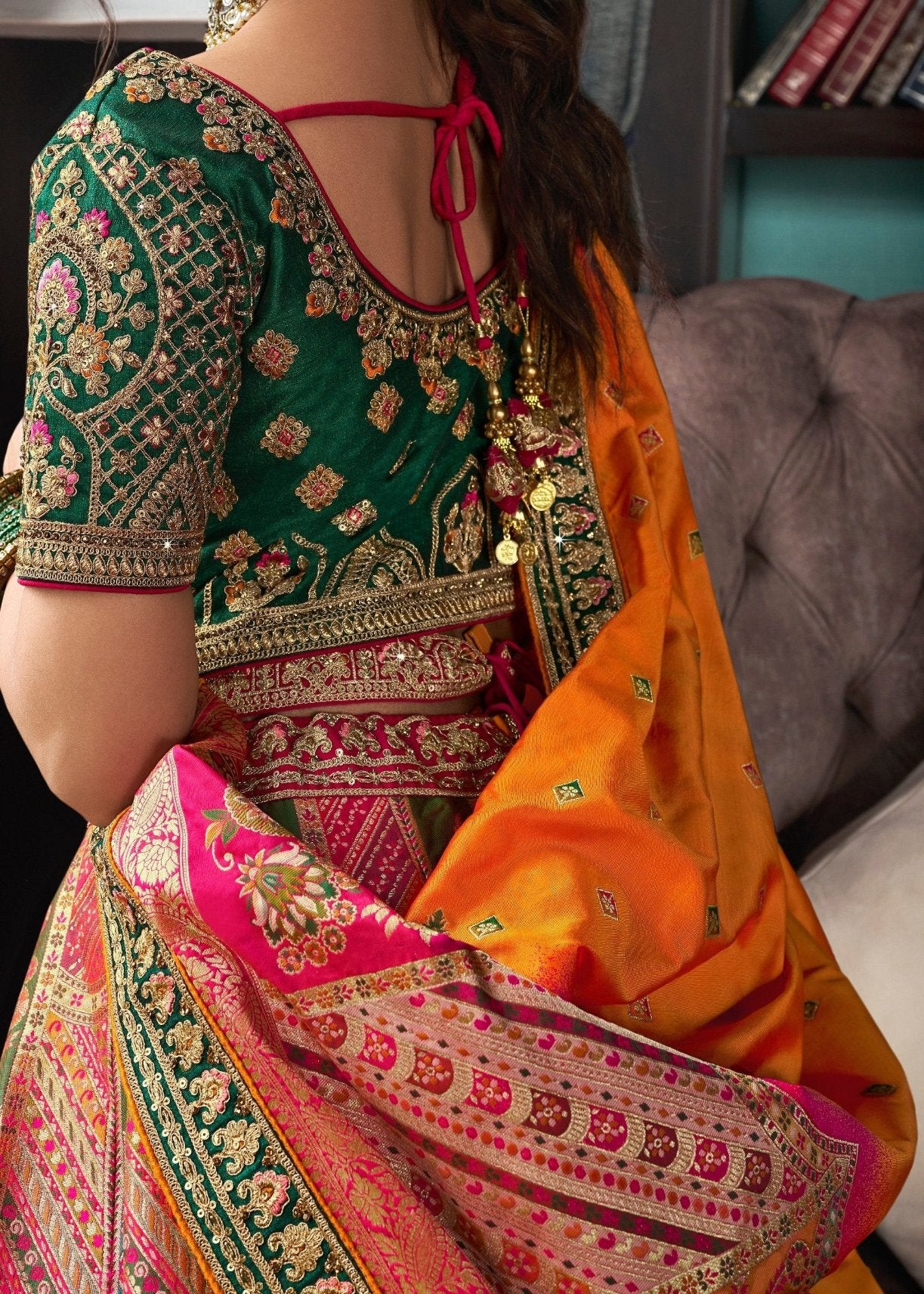 Yellow banarasi silk lehenga choli in usa online shopping for bride and bridesmaids.