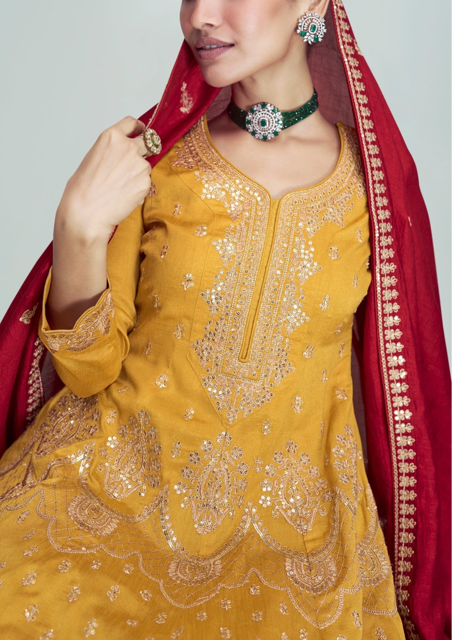 Shop yellow bridal silk suit with heavy neck design in usa online for haldi.
