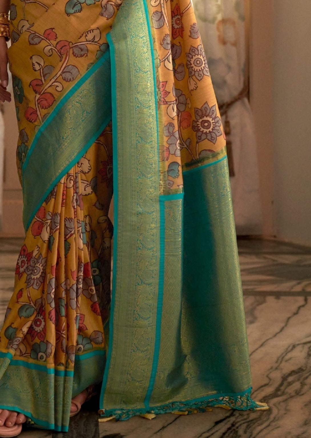 Yellow kalamkari saree with banarasi border online shopping price.