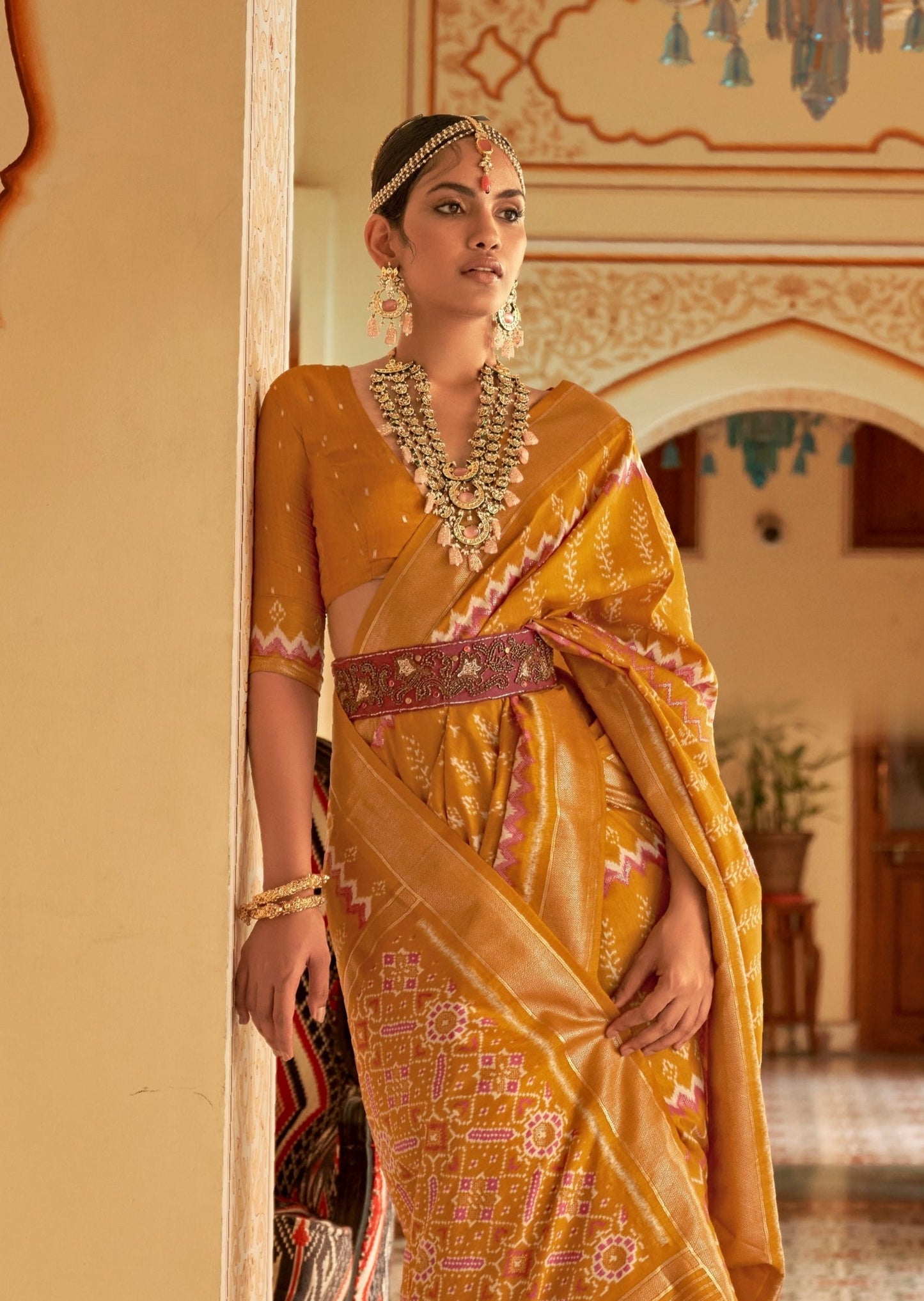 Yellow patola silk saree blouse online shopping designs india with price.