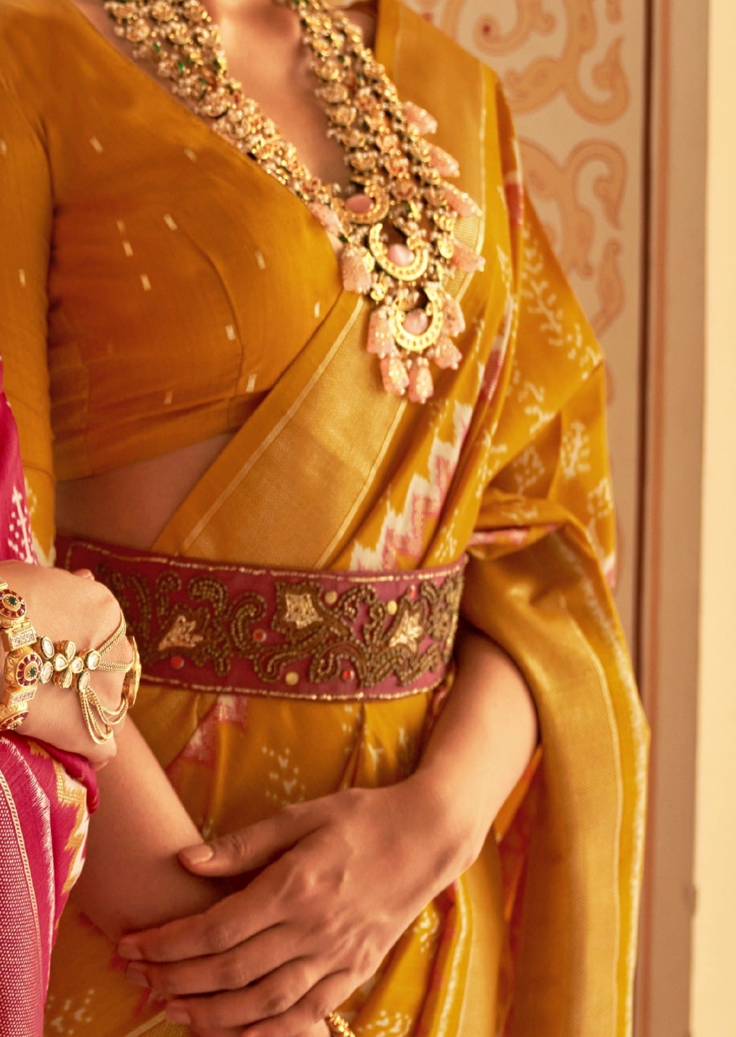 Yellow patola silk saree blouse online shopping designs india for wedding.