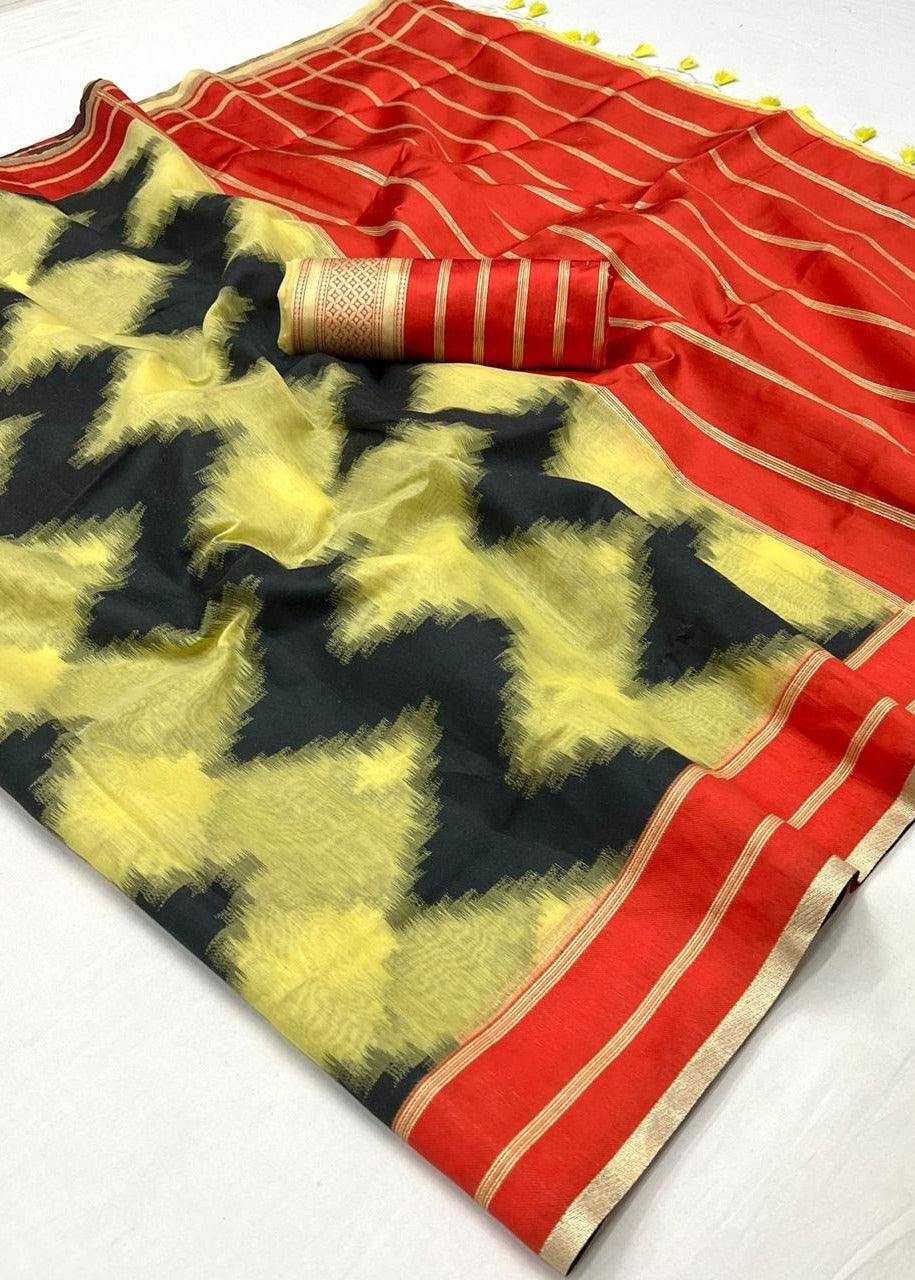 Yellow and Red Cotton Silk Handloom Saree