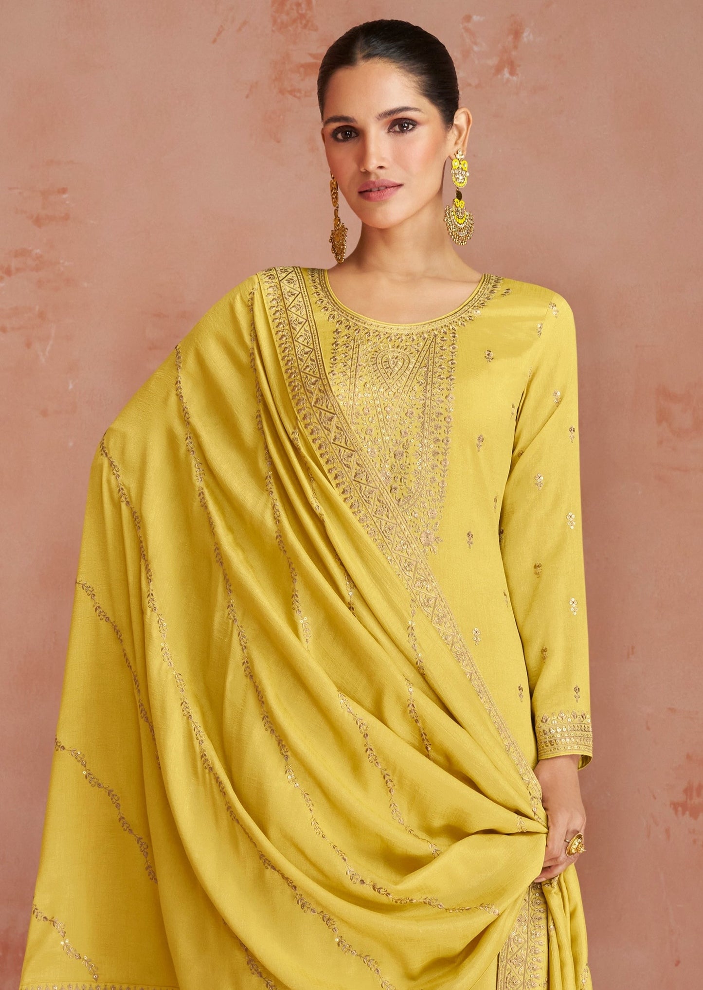 Yellow silk unstitched salwar suit material set luxury designs online for wedding.