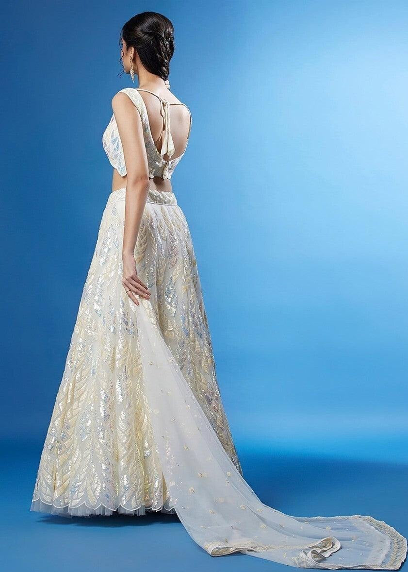 Off White Sequins Work Net Bridesmaids Lehenga Choli