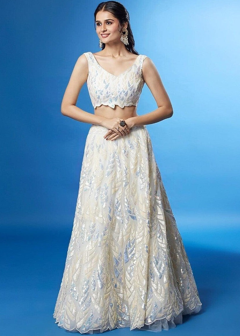 Off White Sequins Work Net Bridesmaids Lehenga Choli