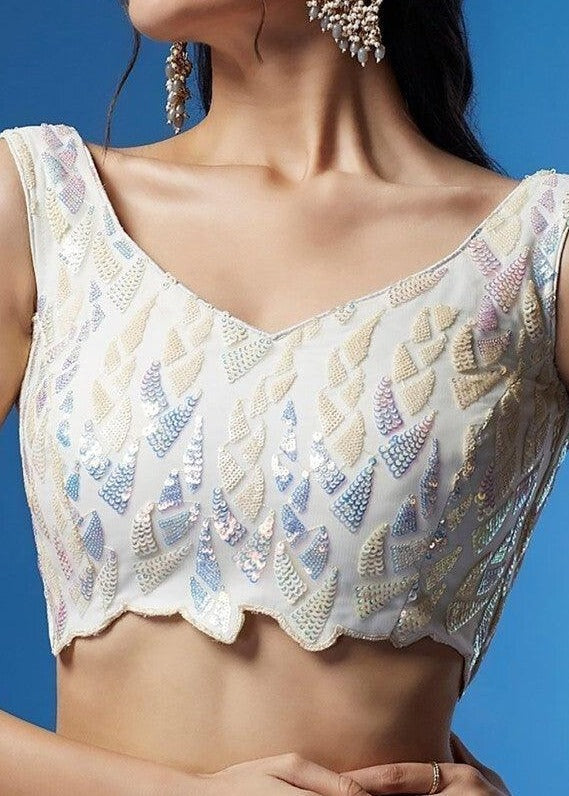 Off White Sequins Work Net Bridesmaids Lehenga Choli