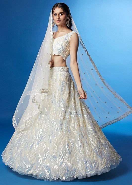 Off White Sequins Work Net Bridesmaids Lehenga Choli
