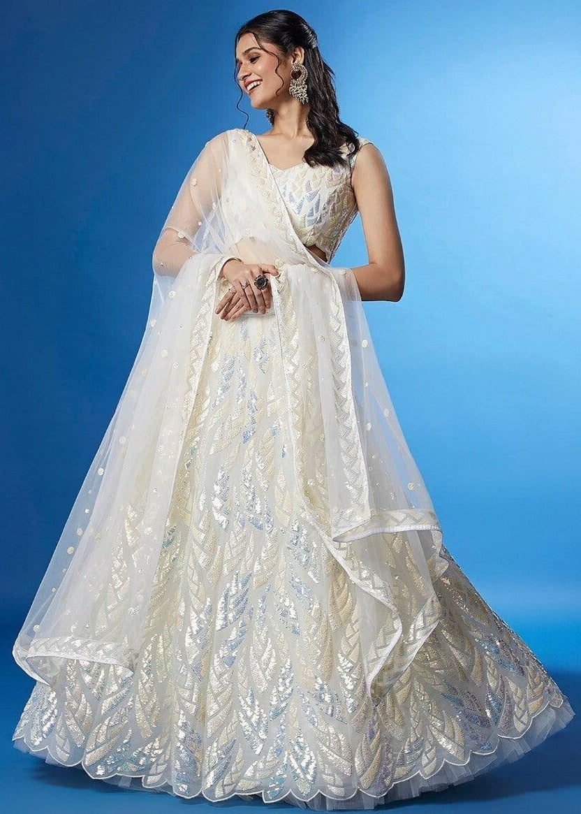 Off White Sequins Work Net Bridesmaids Lehenga Choli