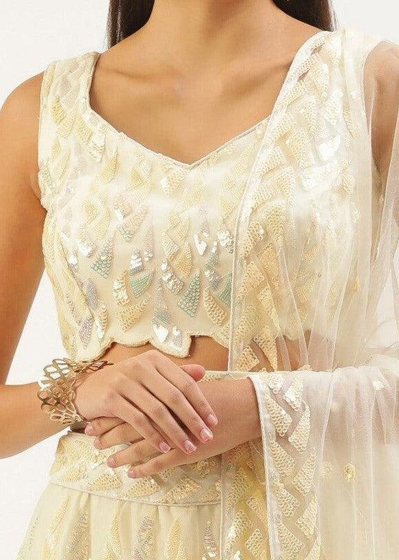 Cream Sequins Work Net Bridesmaids Lehenga Choli
