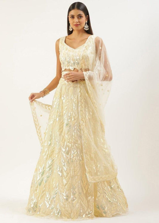 Cream Sequins Work Net Bridesmaids Lehenga Choli