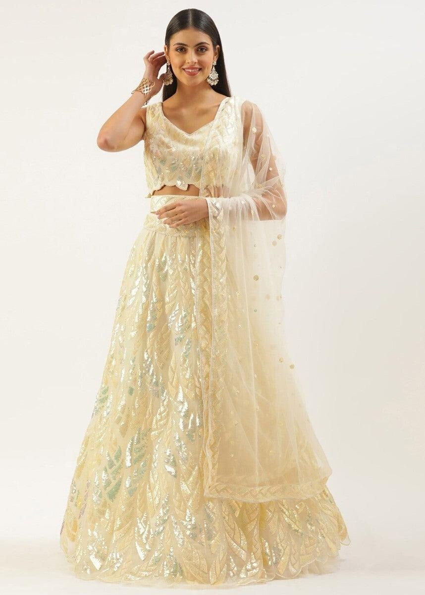 Cream Sequins Work Net Bridesmaids Lehenga Choli