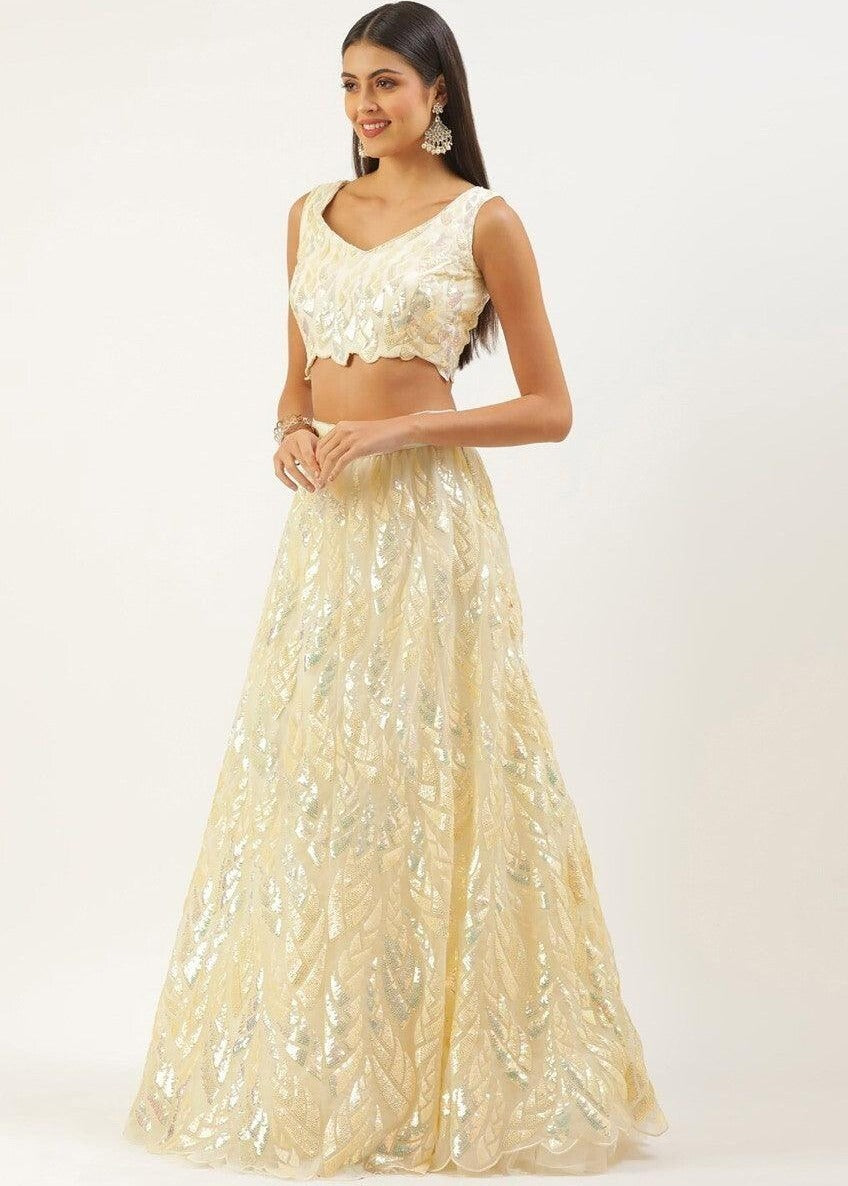 Cream Sequins Work Net Bridesmaids Lehenga Choli
